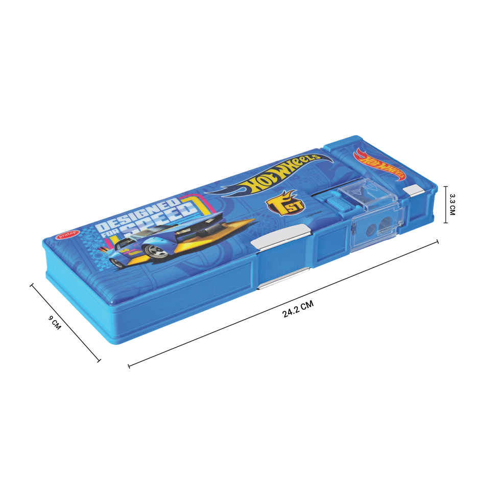 Pratap Maglock Big Dual Side Pencil Box With 2 Sharpener And One Side Compartment Blue Hot Wheels