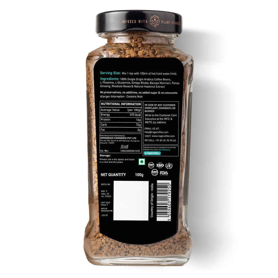 Rage Coffee Irish Hazelnut Flavour Premium Arabica Medium Roast Organic Instant Coffee