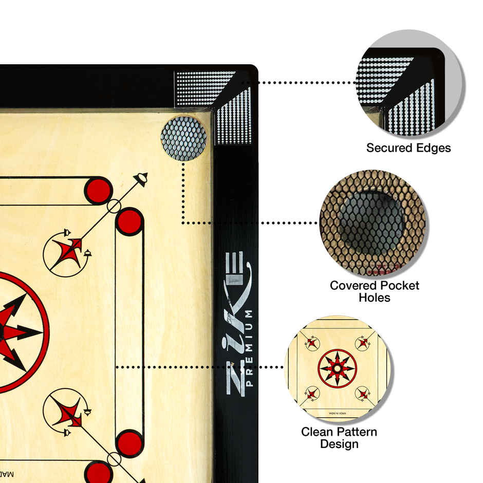 Zike Premium Wood Carrom Board Kit for kids 20 by 20 inches (Board, 24 Coins, 1 Striker & 1 Powder)