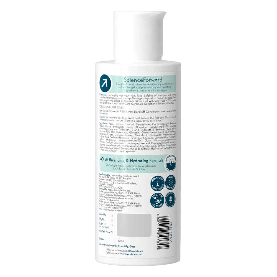 WishCare Hydrating AHA BHA Anti Dandruff Shampoo -Piroctone Olamine, Salicylic Acid, LHA, Probiotics