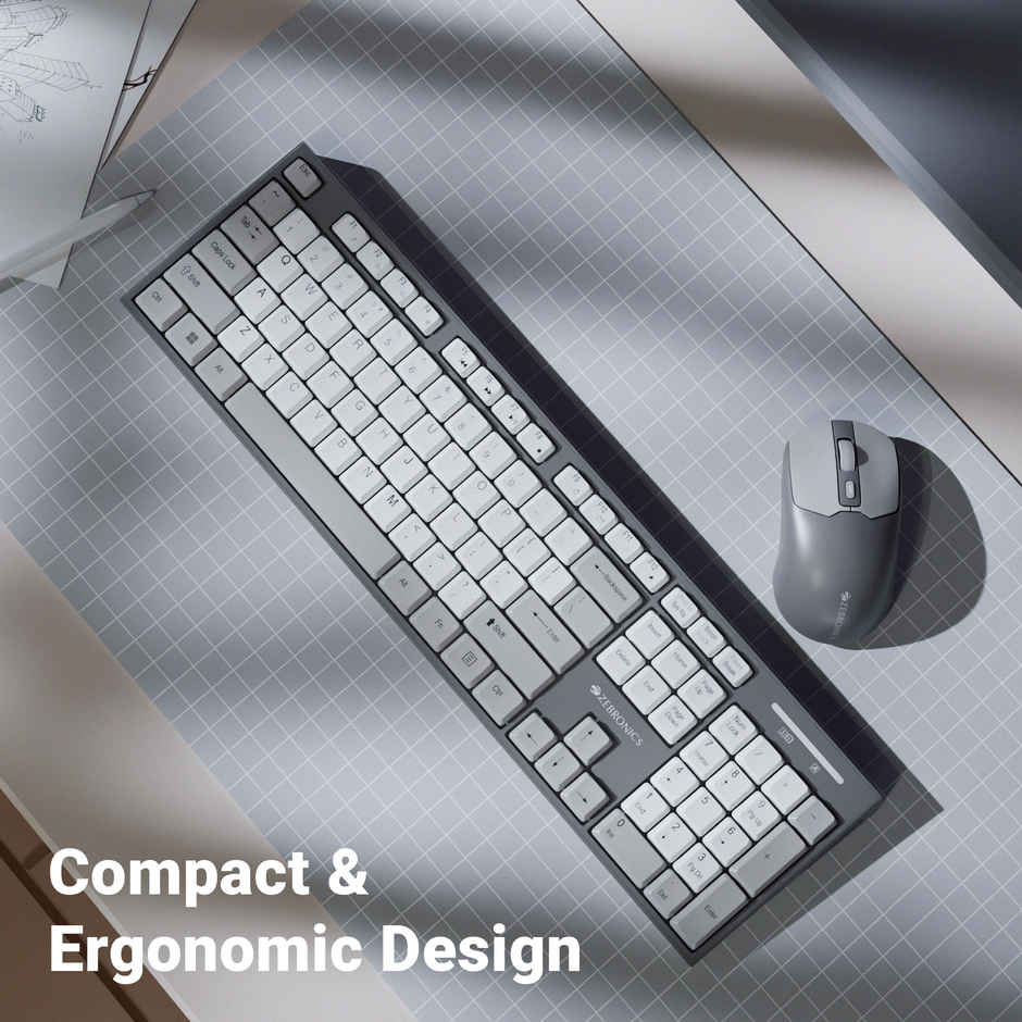 Zebronics Companion 304 Wireless Combo, 104 Keys,  Key, 12 Multimedia Keys, 1600 DPI Grey
