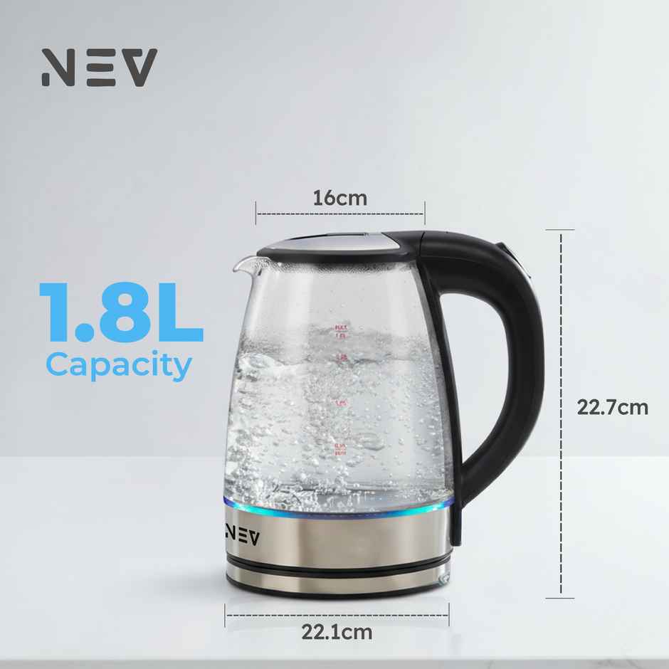 NEV VETRO 1.8 L Electric Glass Kettle with Double-Wall Insulation | 1350 W Fast-Boil
