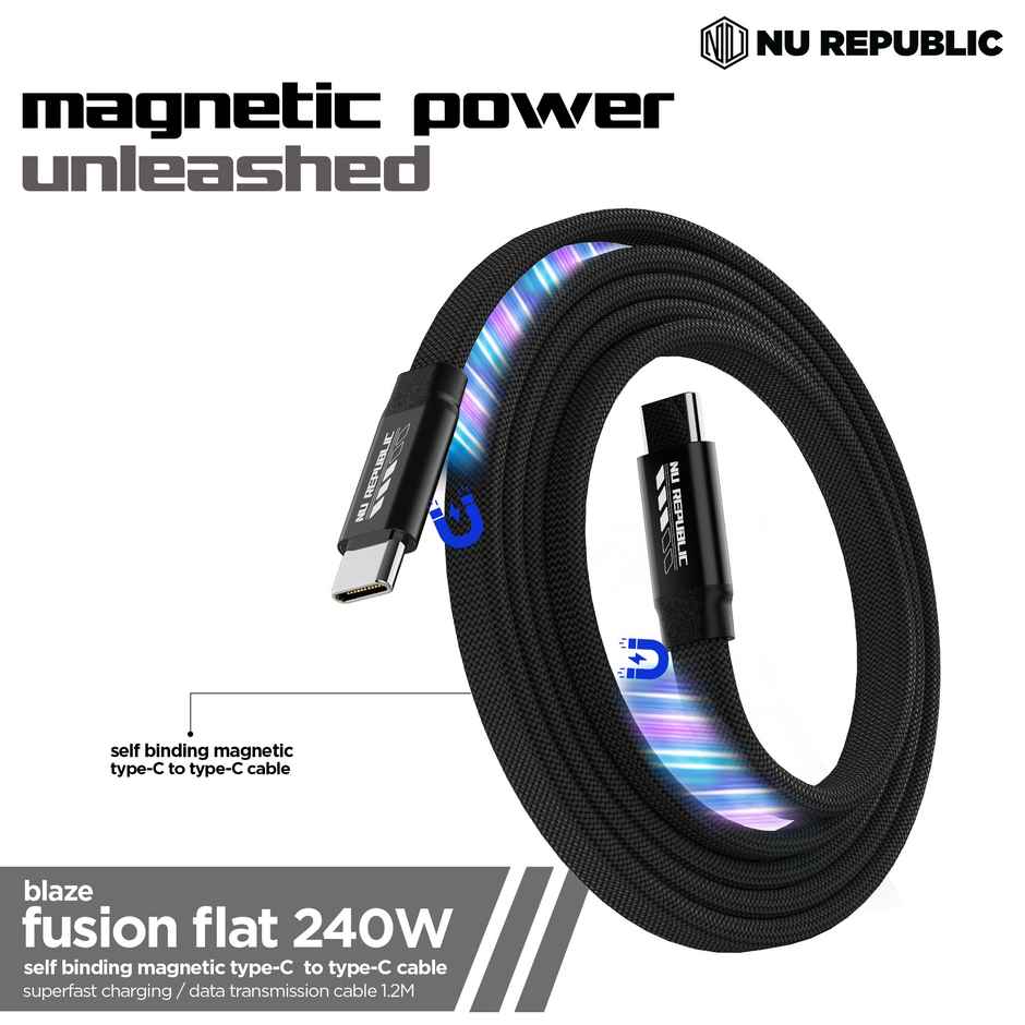 Nu Republic Blaze Fusion Flat 240W Self Binding Magnetic Type-CtoC Fast Data Charging Braided Cable