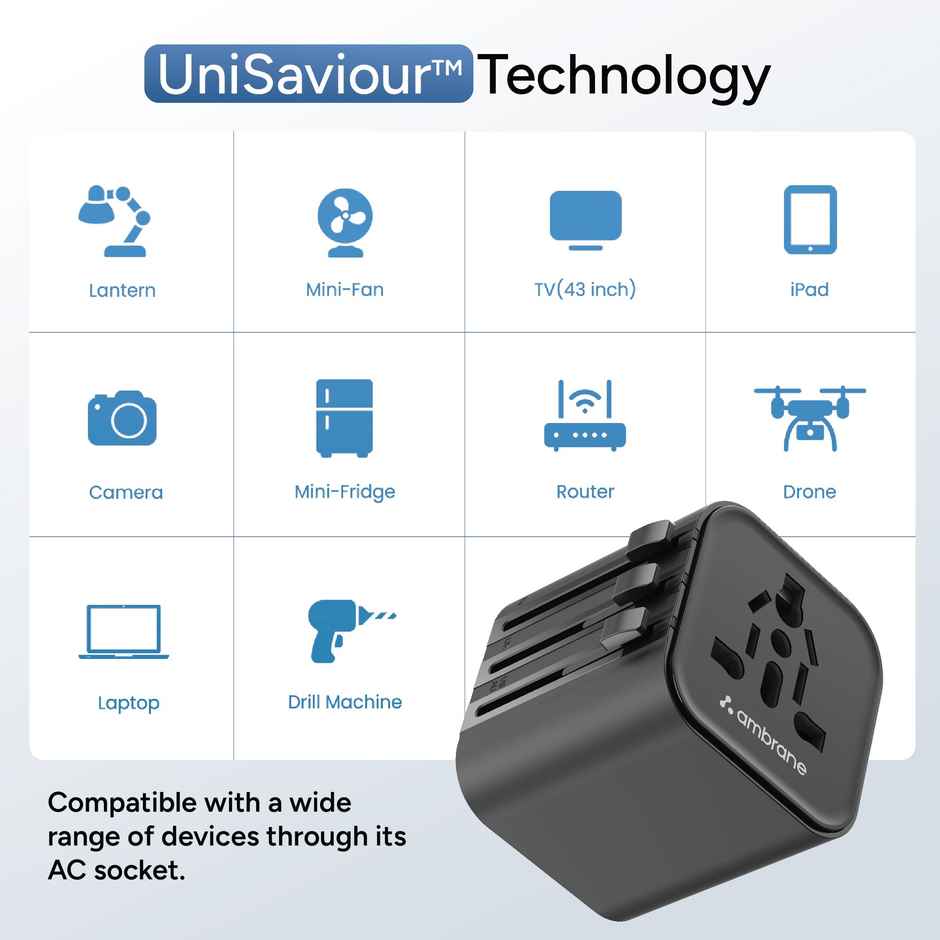 Ambrane Universal Travel Socket with 2500W High Power Output | Travel Adapter Socket | Black
