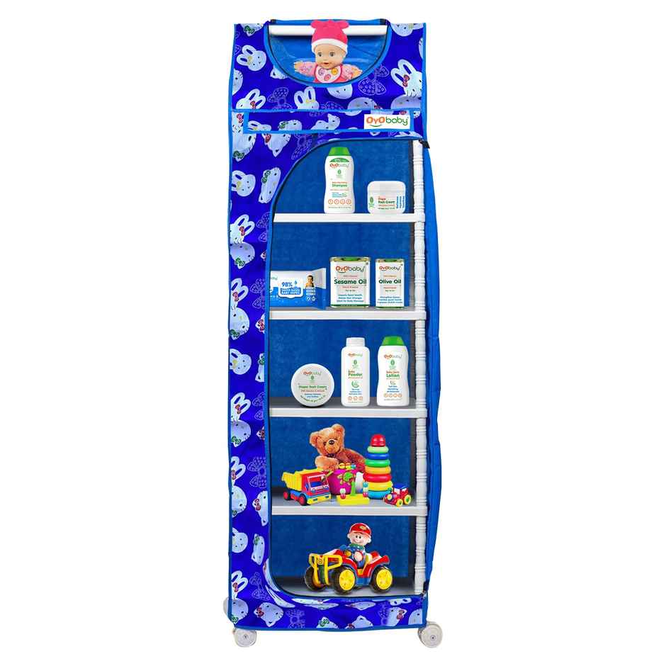 Oyo Baby Multipurpose 6 Shelves Durable Foldable Almirah Cartoon Printed Cover Blue Wardrobe