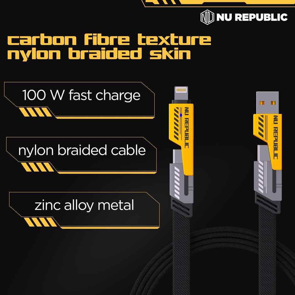 Nu Republic Blaze Fusion-Q 100W 4-In-One 1.2 M USB-A To Type-C To Type-C + Type-L Metal Connector Fast Data Charging Carbon Texture Braided Cable For Personalcomputer,1.2M - Black & Yellow