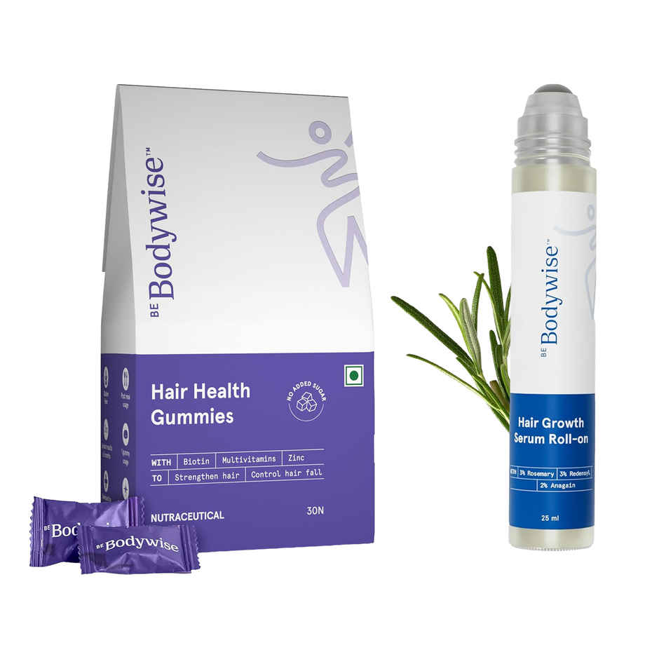 Be Bodywise 30 Mcg Biotin Hair Gummies | Stronger Hair & Nails (1pc) & Be Bodywise 3% Rosemary Hair Growth Serum Roll-On (25ml) Combo