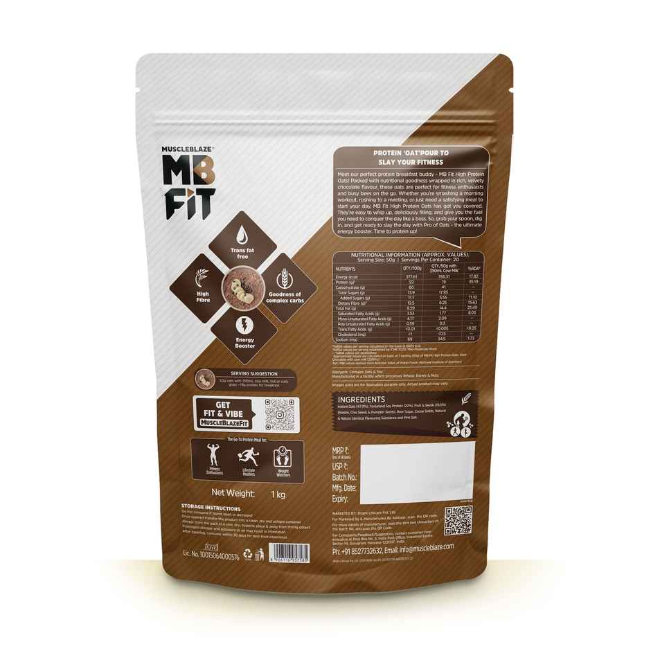 MuscleBlaze Fit High Protein Oats (Dark Chocolate, 1kg) | 22g Protein