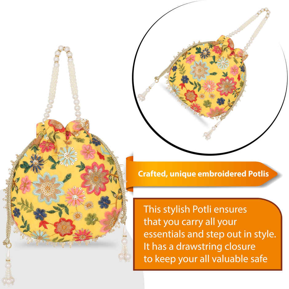 Lavie Women's Jiya Floral Embroidered Potli | Small | Ocher