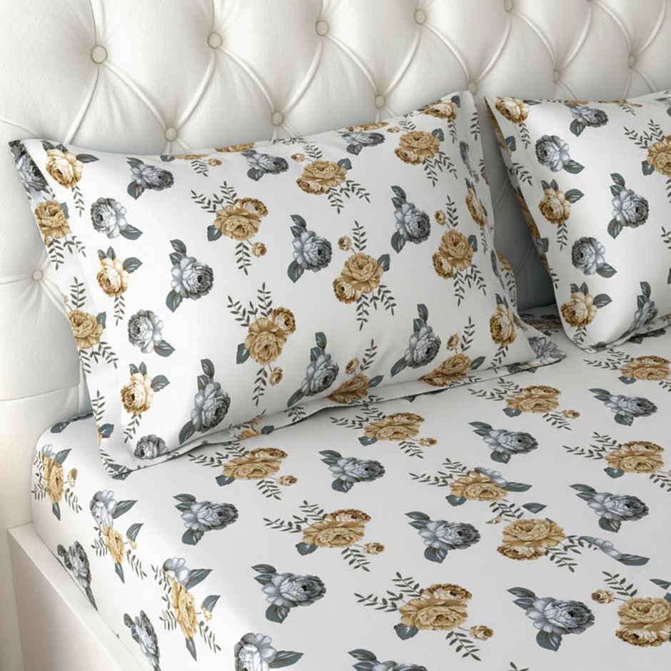 Raymond Home 120 GSM Hazel Floral Double Bedsheet with 2 Pillow Covers White