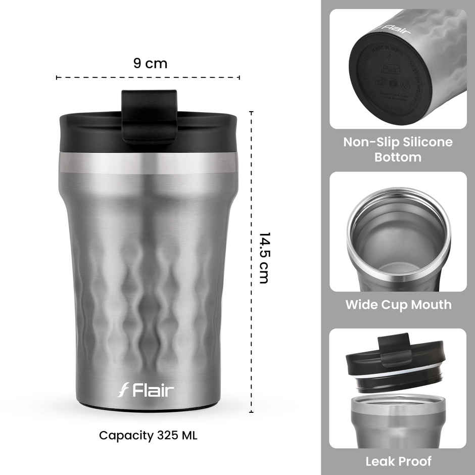 FLAIR Crest Stainless Steel Insulated Coffee Mug | Grey - 325 ml