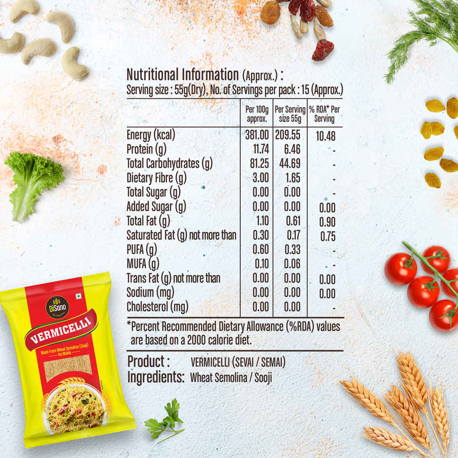 Disano Wheat Vermicelli | No Maida | Cholesterol Free | Unflavored