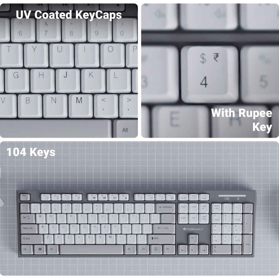 Zebronics Companion 304 Wireless Combo, 104 Keys,  Key, 12 Multimedia Keys, 1600 DPI Grey