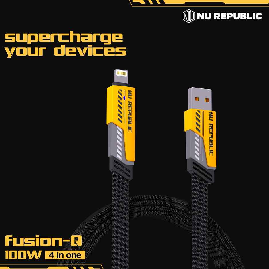 Nu Republic Blaze Fusion-Q 100W 4-In-One 1.2 M USB-A To Type-C To Type-C + Type-L Metal Connector Fast Data Charging Carbon Texture Braided Cable For Personalcomputer,1.2M - Black & Yellow