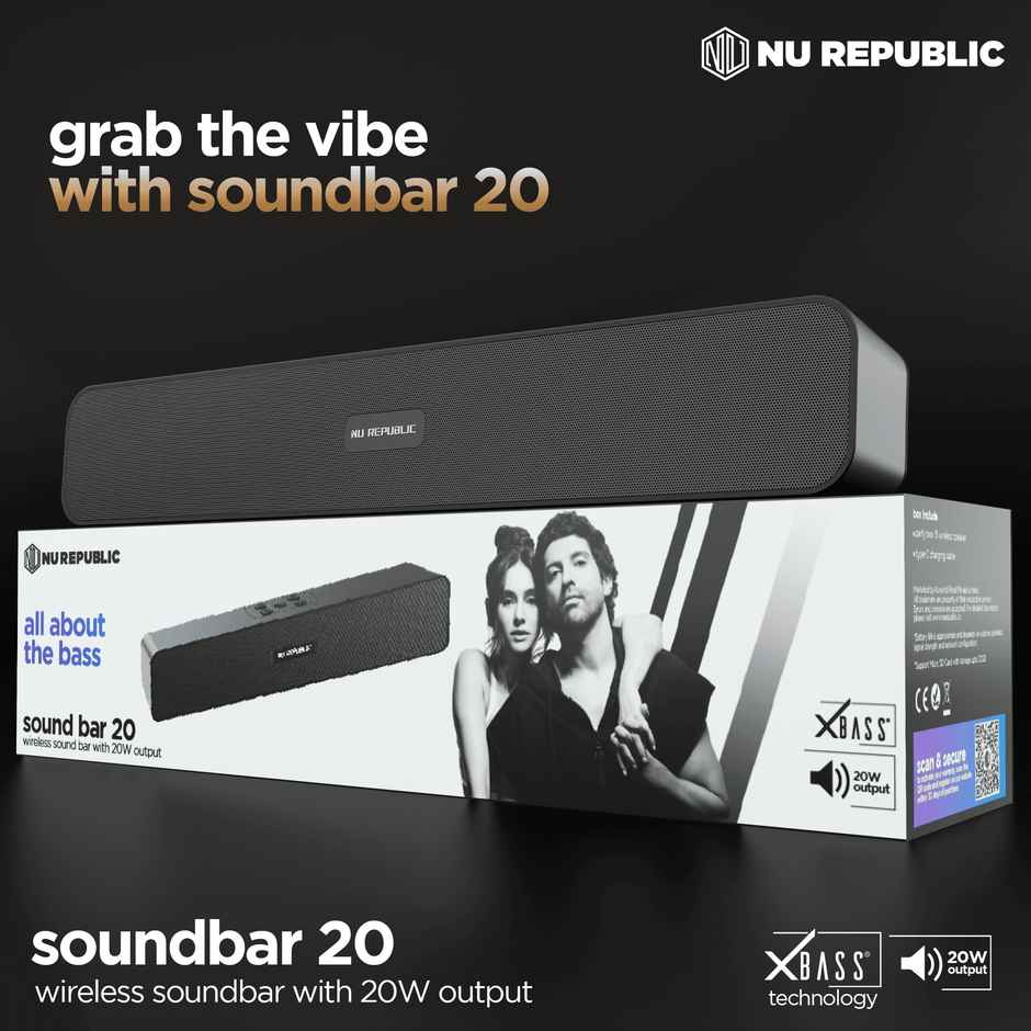 Nu Republic Soundbar 20 Bluetooth Soundbar with X-Bass Technology, 52mm Dynamic Drivers, Upto 12 Hrs Playtime, 20 W Output, Aux/USB Port, 5.0 Channel - Black