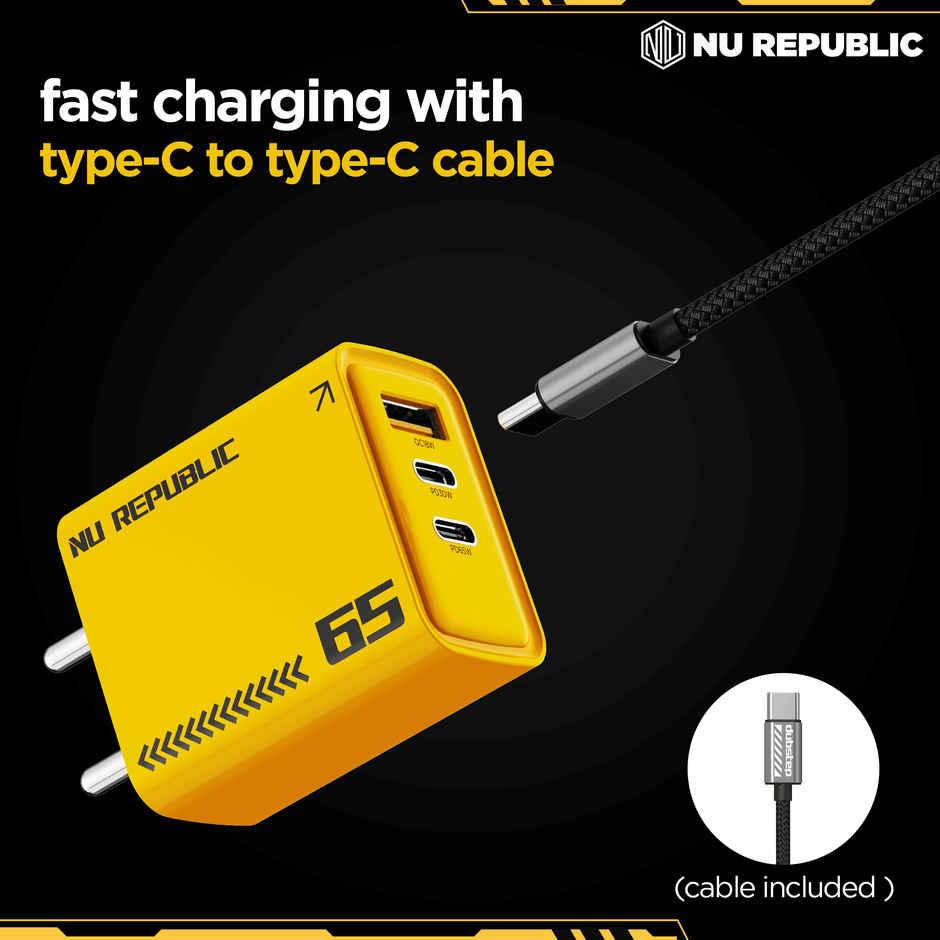 Nu Republic Cybotron 65W Gan Superfast Wall Charger with Type-C To Type-C Cable (Yellow)