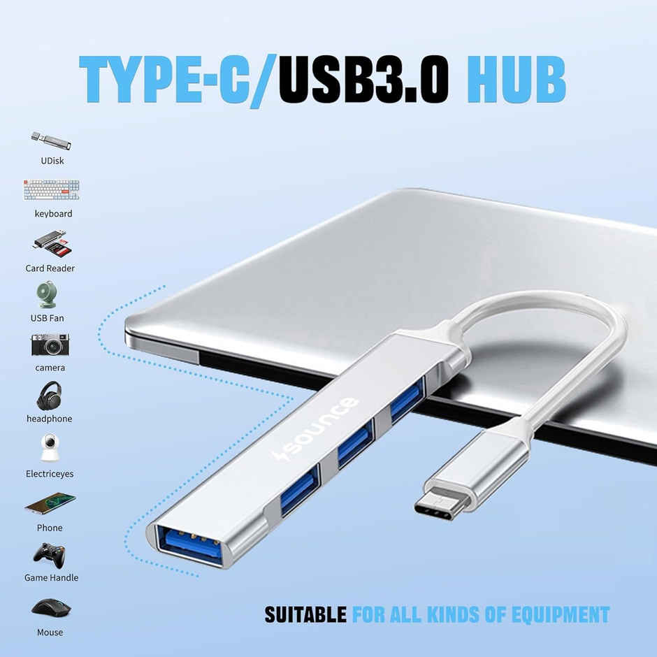 Sounce 4 In 1 Portable Usb C Hub (Type-C To 4 Usb-A Ports) With Aluminum Shell, White