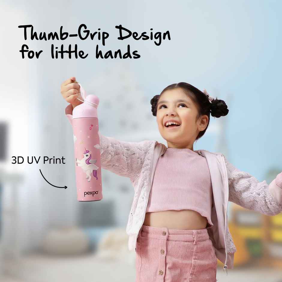 Pexpo Stainless Steel Pico Cute Sipper Hot & Cold Water Bottle | Unicorn UV Printed | Pink | 500 ml