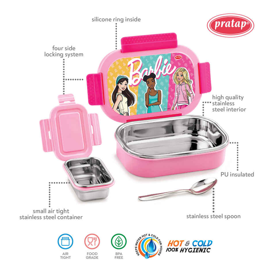 Barbie Kids Stainless Steel Insulated Lunch Box with Container Spoon Leak Proof , BPA Free | Pratap