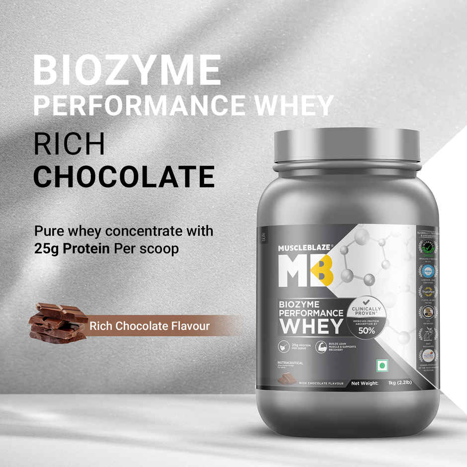 Muscleblaze Biozyme Performance Whey Protein Powder (Rich Chocolate) (1kg) & Muscleblaze Pre Workout Wrathx, | Fruit Fury, 20 Servings (340g) Combo