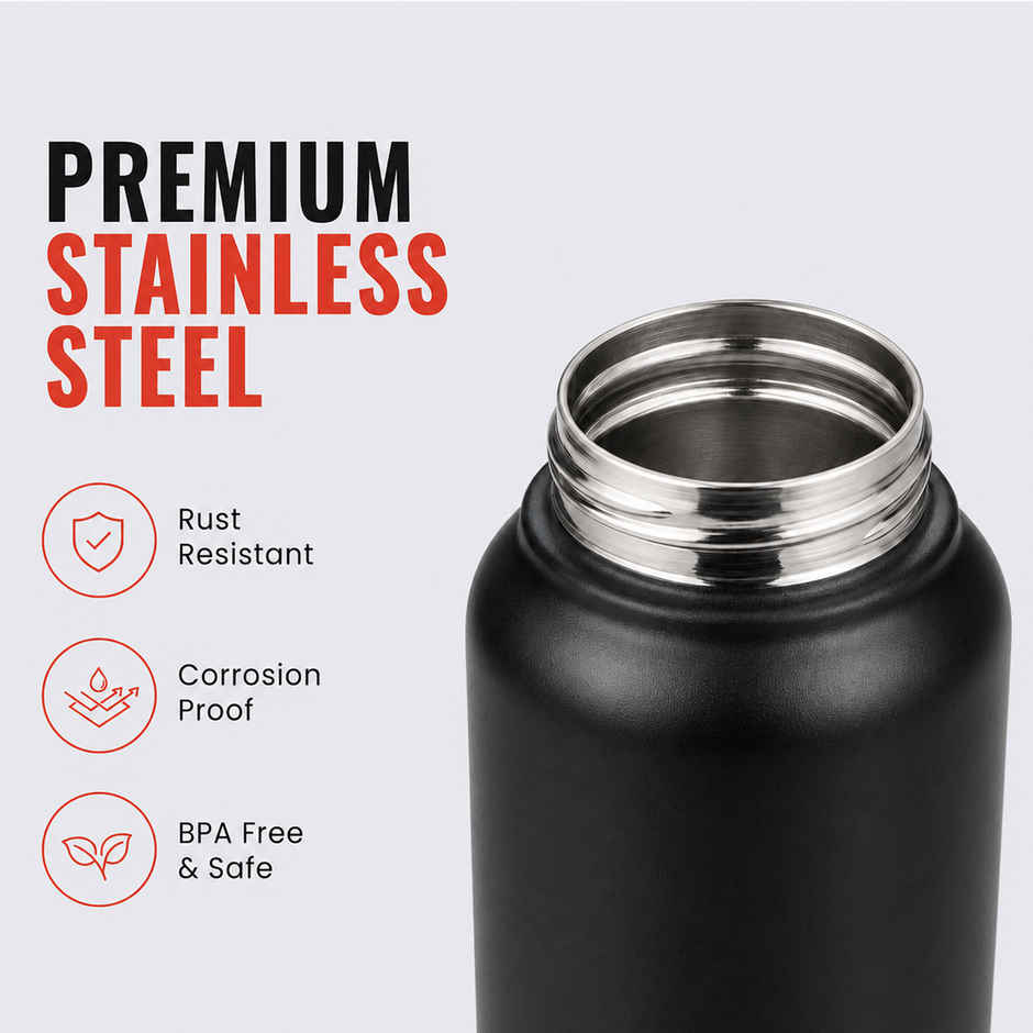 Slovic 1L Stainless Steel Water Bottle with Sipper Cap | 100% BPA Free & leak-Proof | Black