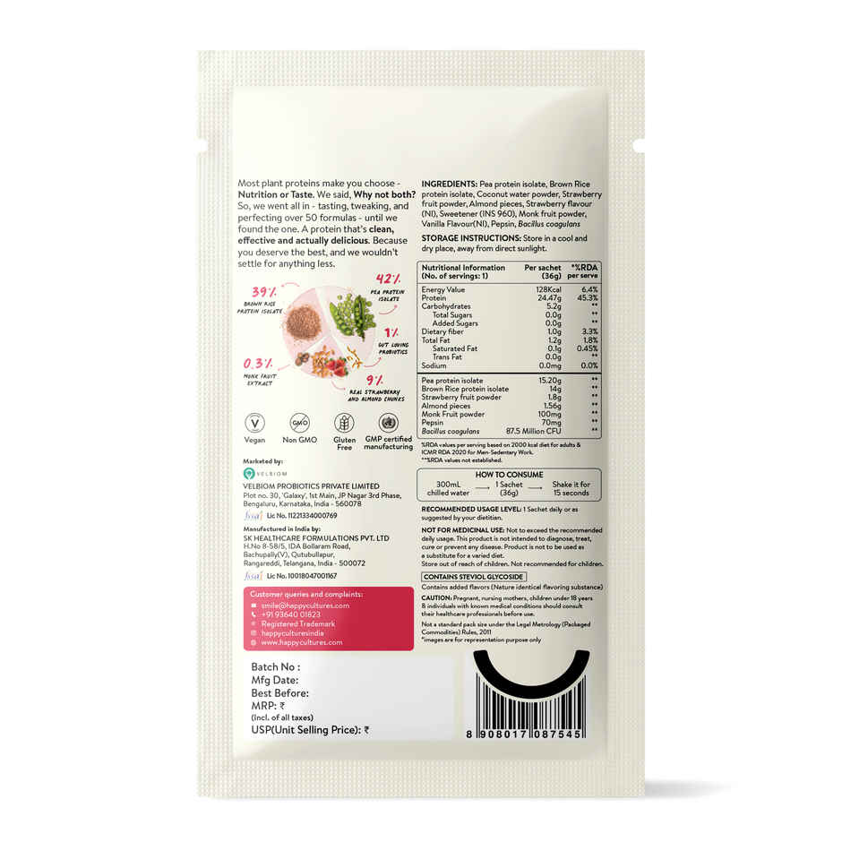 Happy Cultures 24g Plant Protein | Real Strawberry with Almond| Pea & Brown Rice Protein Isolate