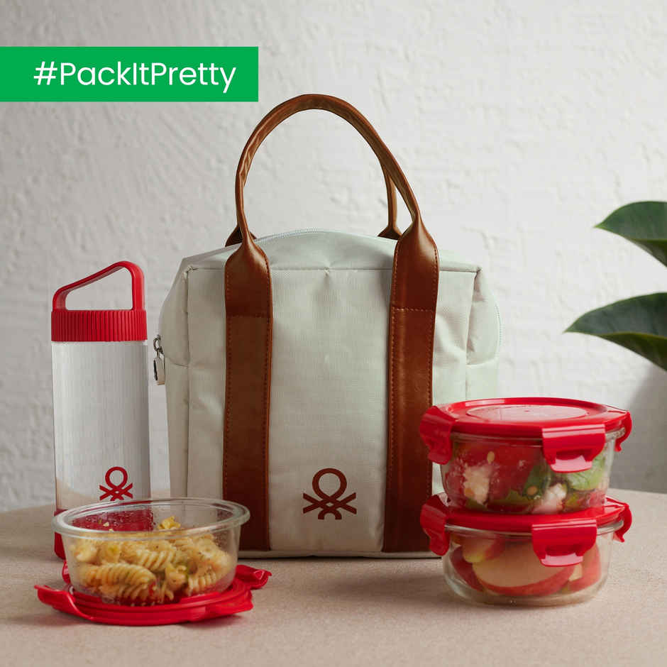 United Colors of Benetton Lunch Bag Set with 3 Glass Containers & Leakproof Bottle | Red