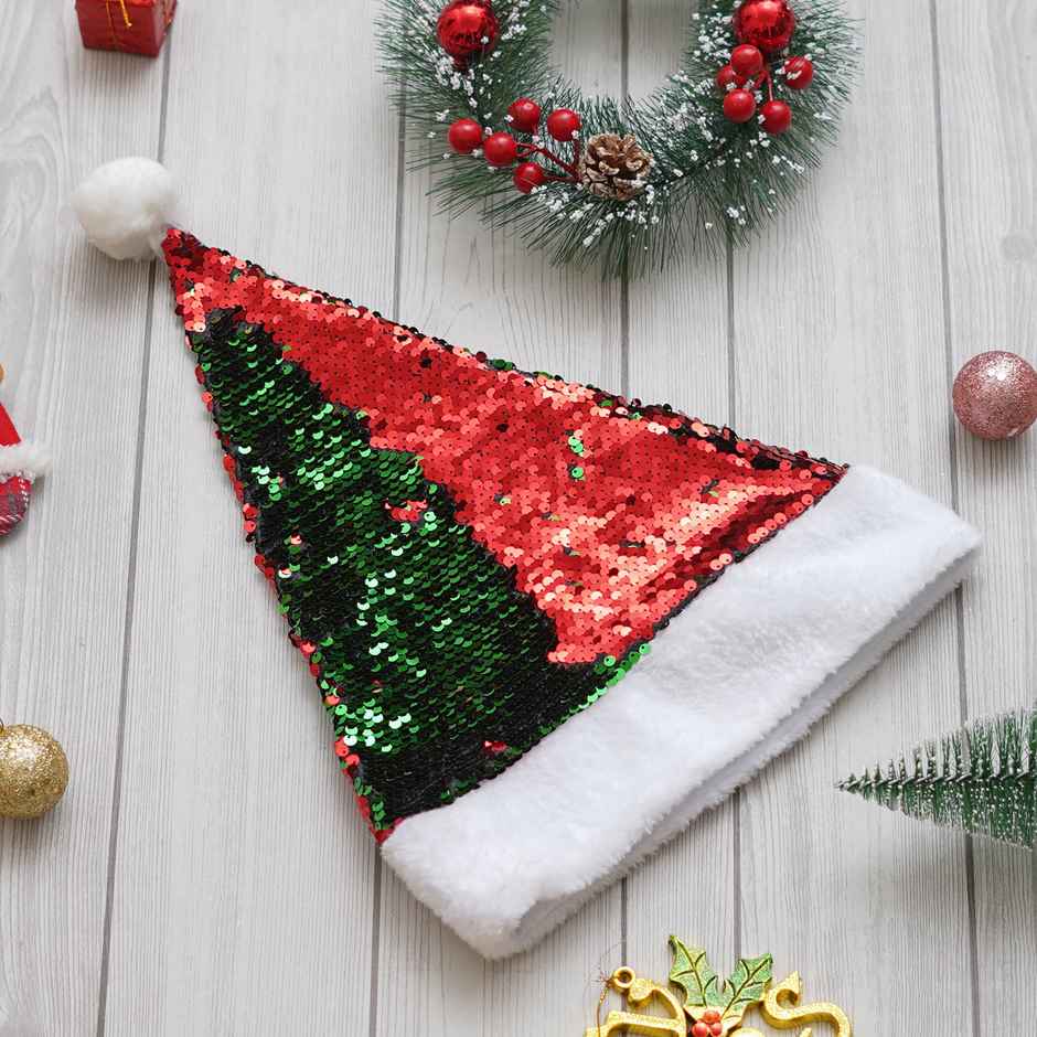 eCraftIndia Red and Green Flip Sequin Fancy Christmas Santa Hat -Santa Claus Cap Christmas Party