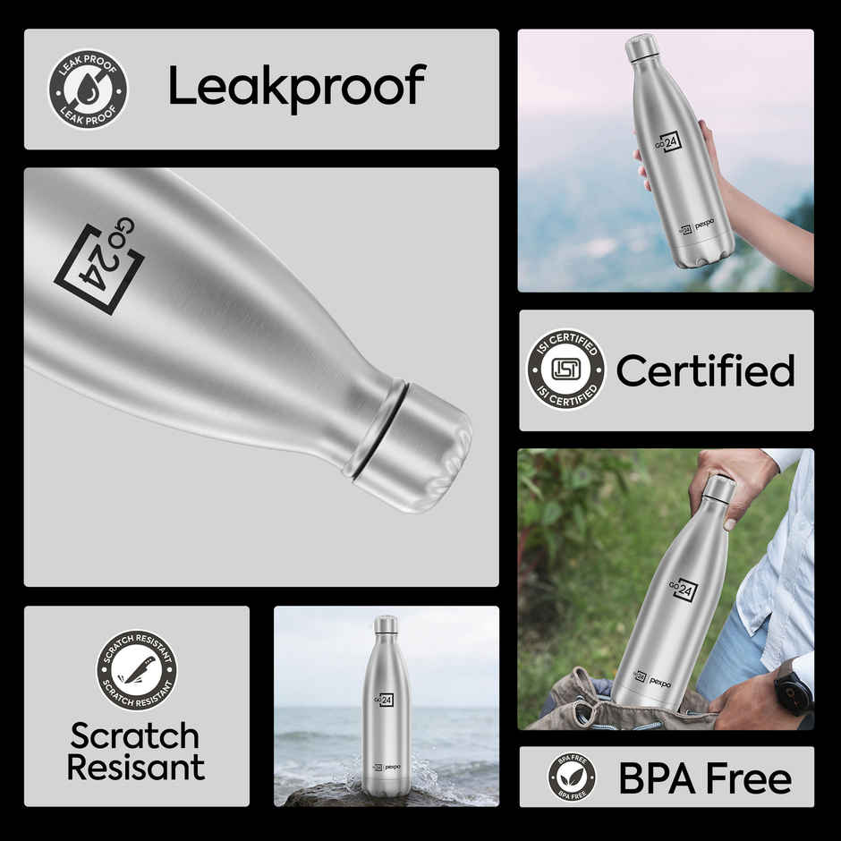 Go24 Electro Stainless Steel Thermos Bottle | Silver | Leakproof | 3-Layer Insulation