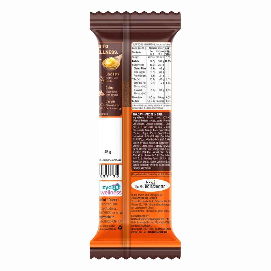 Max Protein Roots Ghee Jaggery 10g Protein Bar | Orange Burst | No Palm Oil | 4g Fiber