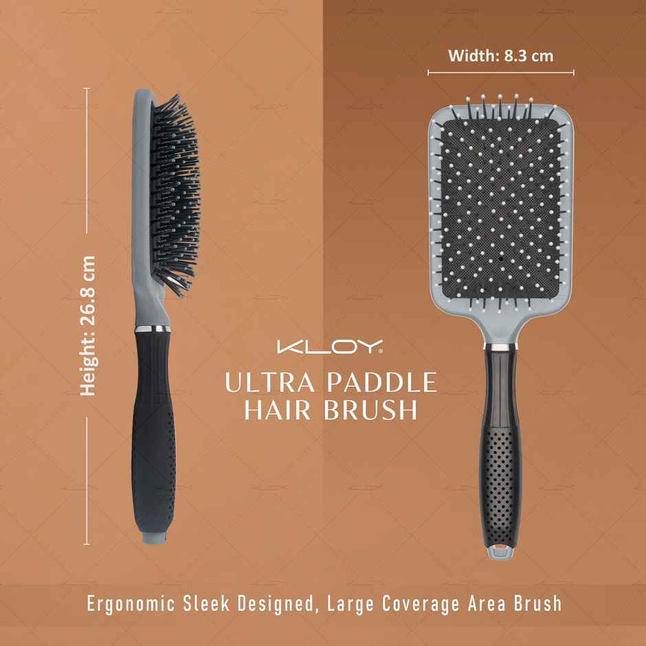 Kloy Ultra Paddle Hair Brush With Large Coverage | Soft Ball-Point Bristles For Men And Women Grey