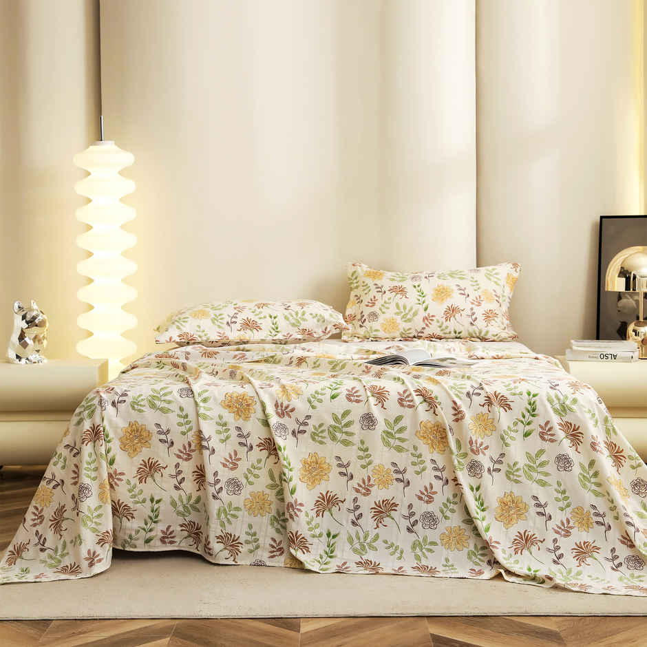 Story@home 210 TC Cotton Blend King Size Floral Flat Bedsheet with 2 Pillow Covers|Off White, Yellow