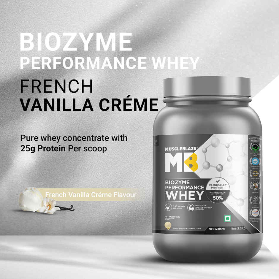 MuscleBlaze Biozyme Performance Whey Protein Powder | French Vanilla Creme