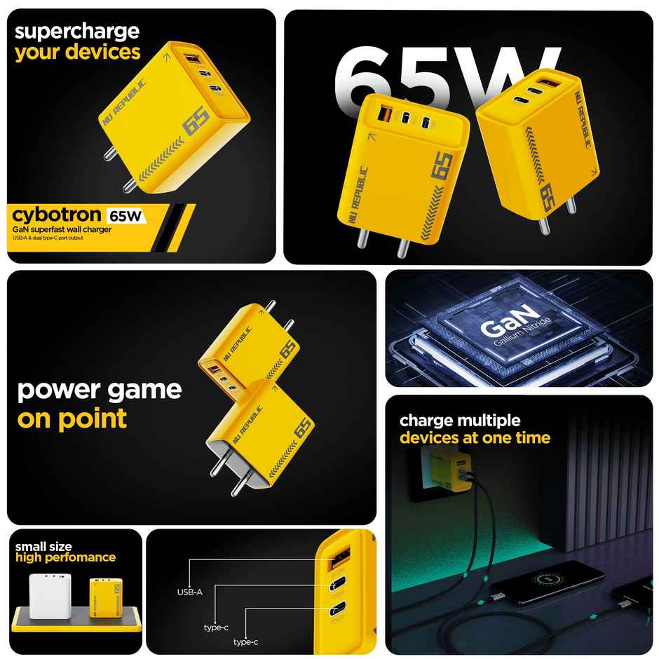 Nu Republic Cybotron 65W Gan Superfast Wall Charger with Type-C To Type-C Cable (Yellow)
