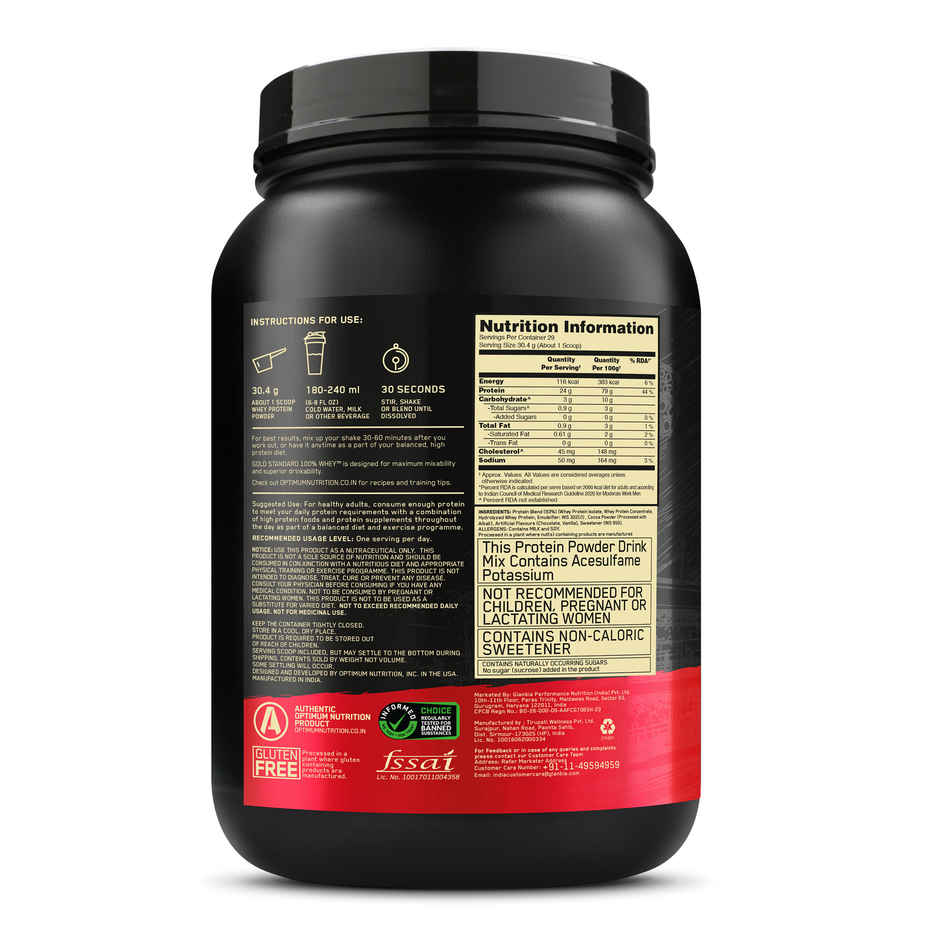 Optimum Nutrition (On) Pure Whey Gold Standard Powder Double Rich Chocolate 2 Lb (907g) & Optimum Nutrition Pre-Workout Fruit Punch Flavour (142.5g) Combo