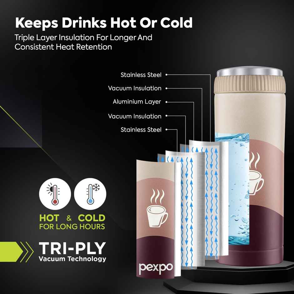 Pexpo Vacuum Insulated UV Bottle, Stainless Steel Hot & Cold Flask | Brown