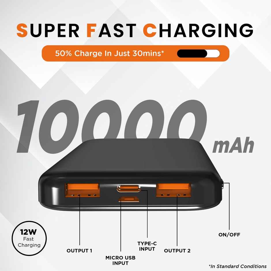 Gizmore 10000 mAh Compact Powerbank | 12W Fast Charging for iPhone | Android Black