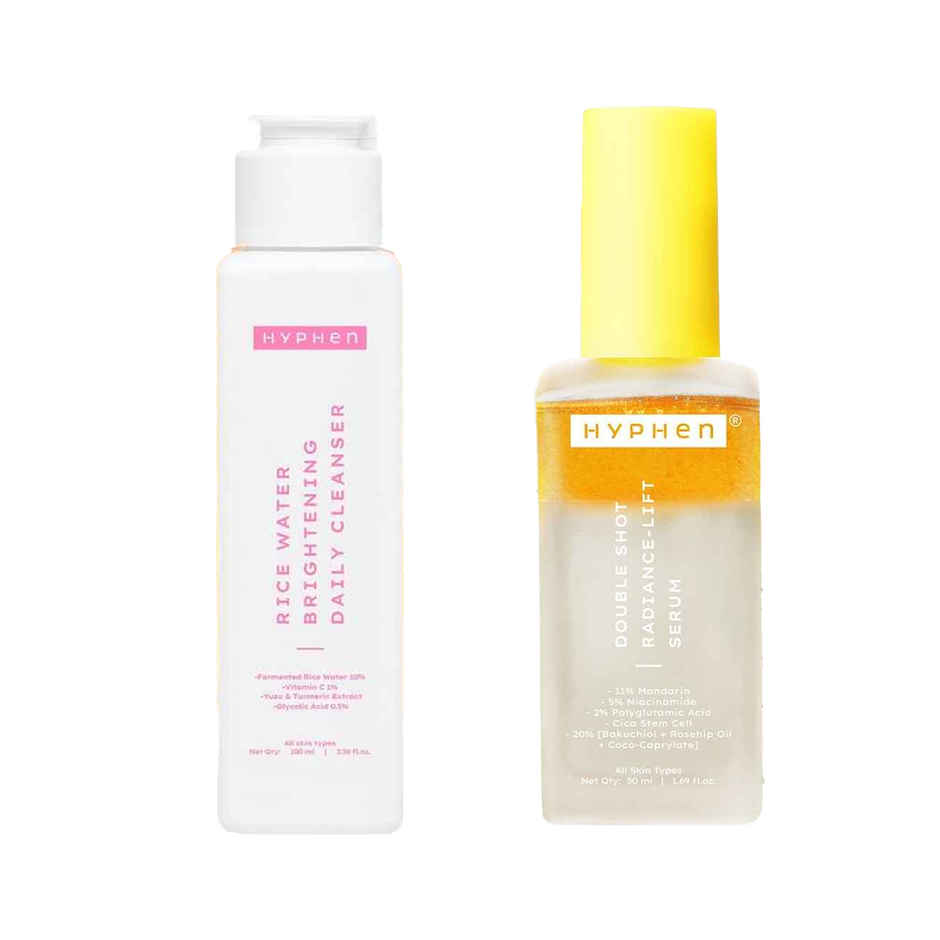 Hyphen Rice Water Brightening Daily Cleanser | Brightens Skin, Reduces Dark Spots & Pigmentation (100ml) & Hyphen 18% Brightening + 20% Collagen Double Serum | 5% Niacinamide For Dark Spots (50ml) Combo