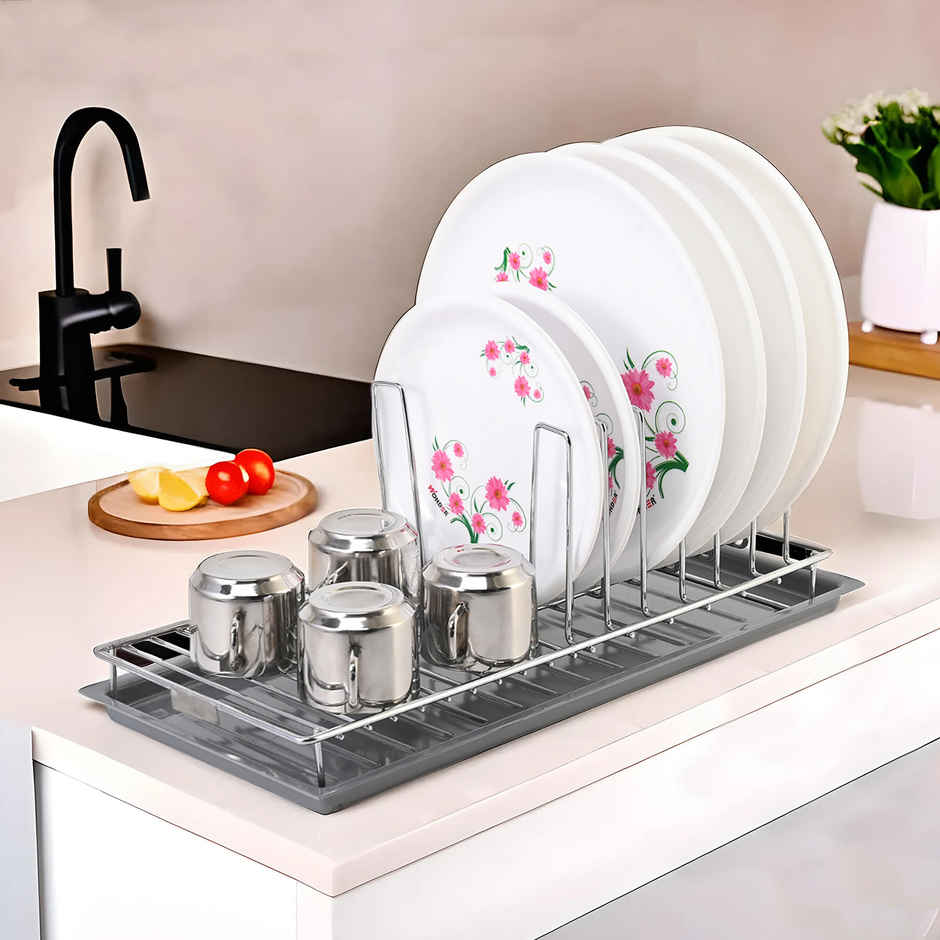 Kuber Industries Stainless Steel Glass & Plate Stand | Crockery Rack with Draining Tray | Silver