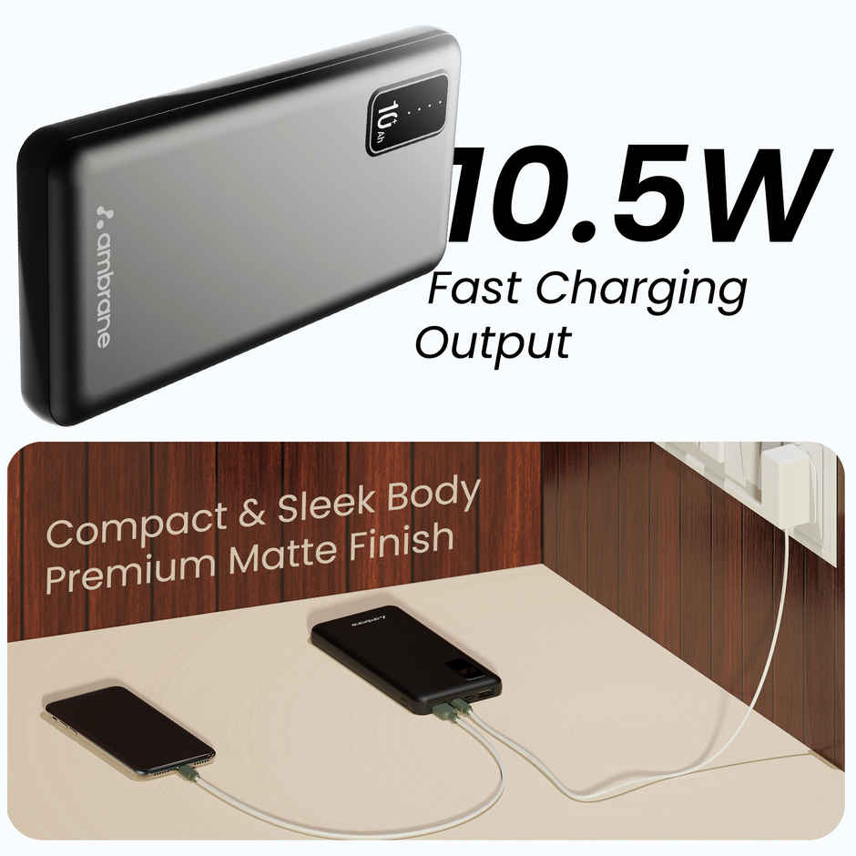Ambrane 10000mAh Power Bank 10.5W Fast Charging Triple Outputs With USB-C Compact Powerbank | Black