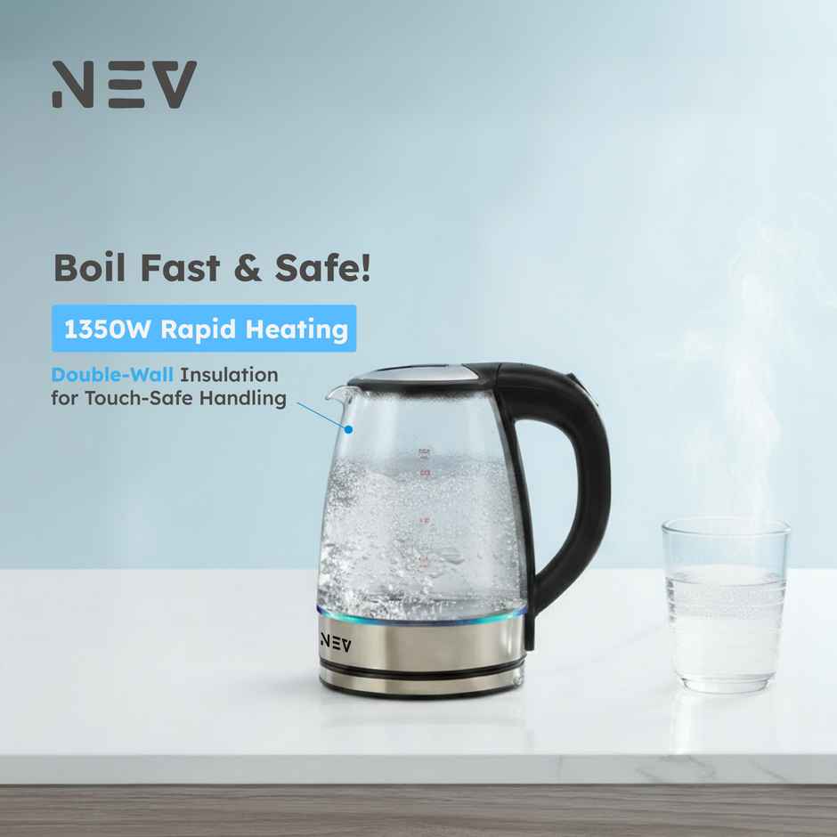 NEV VETRO 1.8 L Electric Glass Kettle with Double-Wall Insulation | 1350 W Fast-Boil