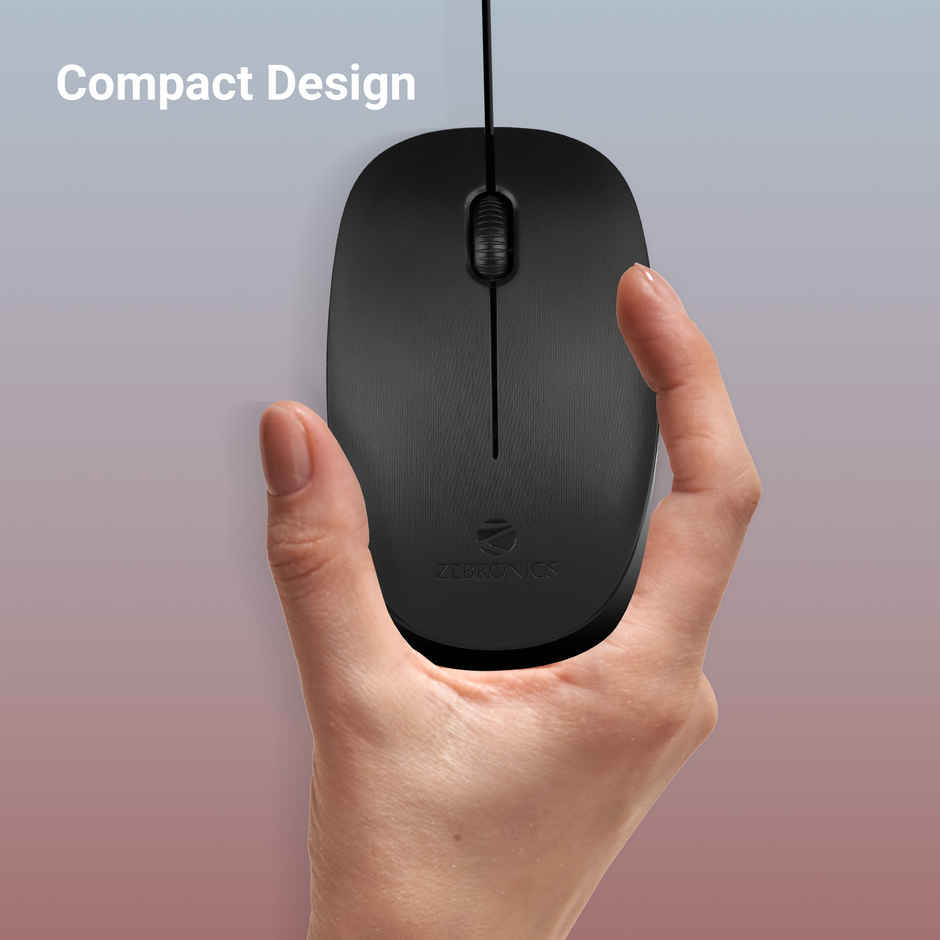 Zebronics Power Wired USB Mouse, 3-Button, 1200 DPI Optical Sensor, Plug & Play, for Windows/Mac - Black