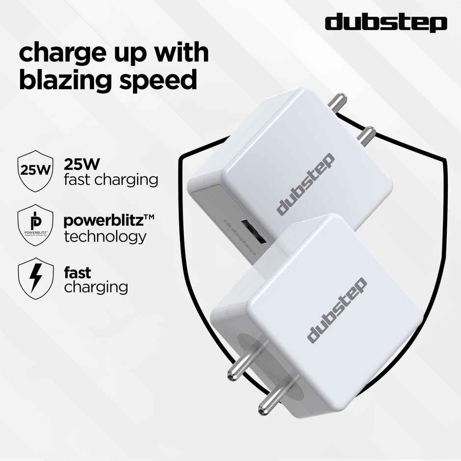 Dubstep Sprint All-in-one 25W 5A Charger with Type-C Cable Supports All Fast Charging Technologies (Cable Included) - White, Red
