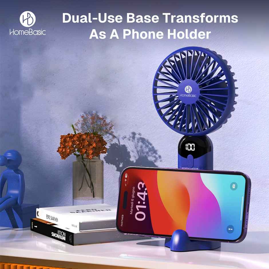 HomeBasic Air Swirle USB Portable Fan, 4500RPM, 2 in 1 Design, 6 Speed modes, LED Display, Blue