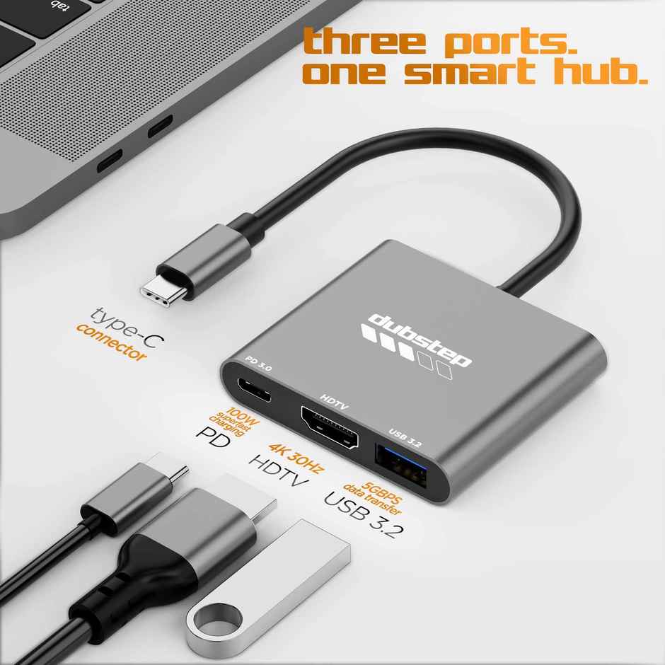 Dubstep SnaplinkGo 3-in-1 Type C HDMI USB Hub Grey