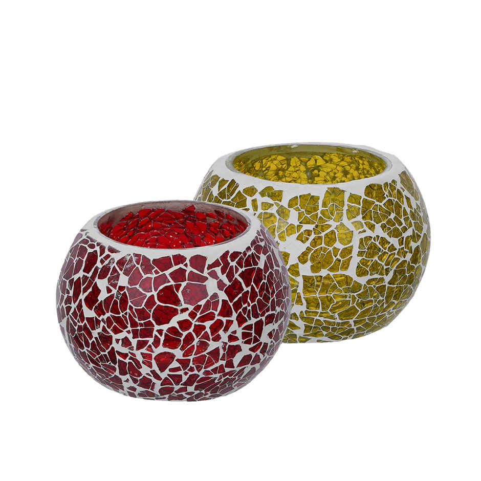 eCraftIndia Yellow & Red Set of 2 Mosiac Glass Decorative Tea Light Holder/diya