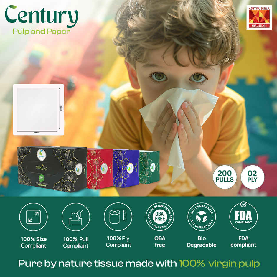 Century 2 Ply 100% Virgin Pulp Face Tissue - 200 Pulls Per Roll | Pack of 4