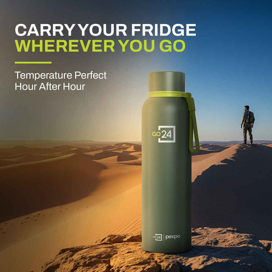 Go24 | Pexpo Bravo Hot & Cold ISI Certified Insulated Thermosteel Water Bottle | Military Green | 1 L
