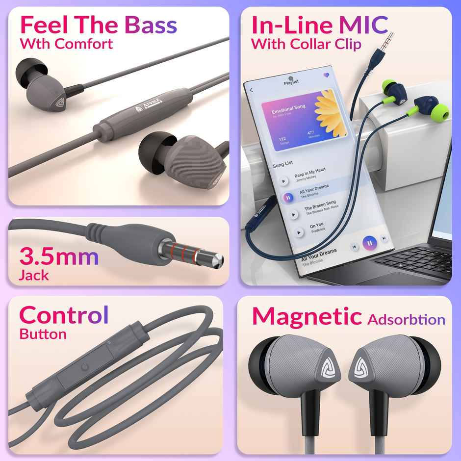 Aroma HF603 Wired Earphone With Mic 3.5Mm Jack I 10 Mm Drivers For Mobile | Tablet,Laptop I Grey