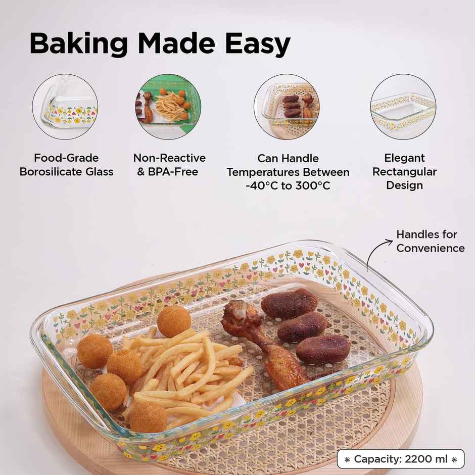 Umai 2200 ml Borosilicate Printed Glass Baking Tray | Transparent Microwave Oven Safe Utensils